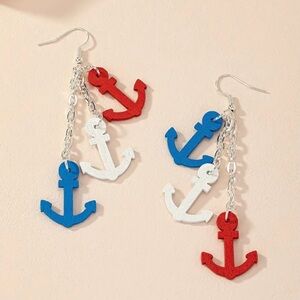 Red White Blue Ship Anchors Dangling Earrings Nautical